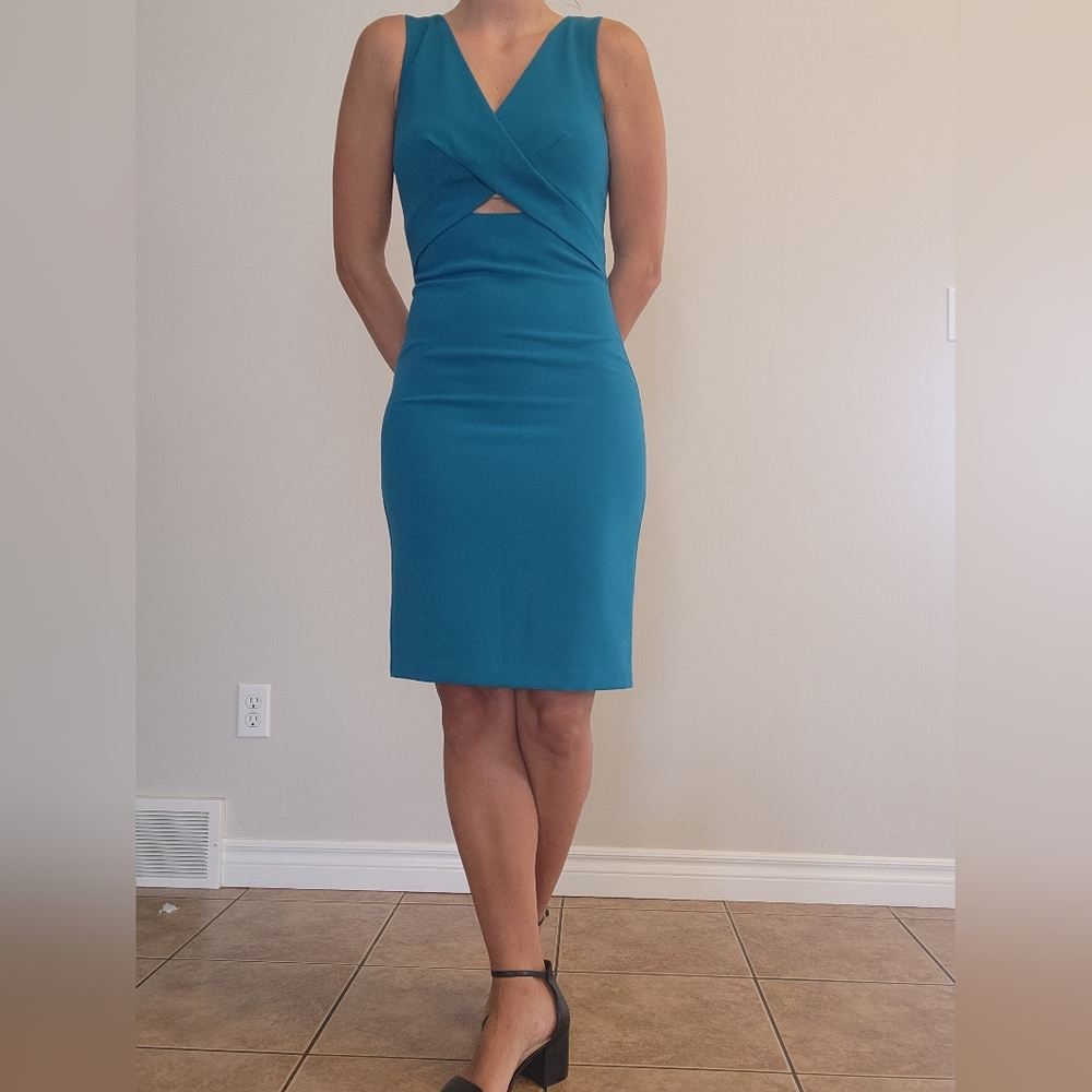 Le Chateau Blue Ruched Halter Bodycon Dress